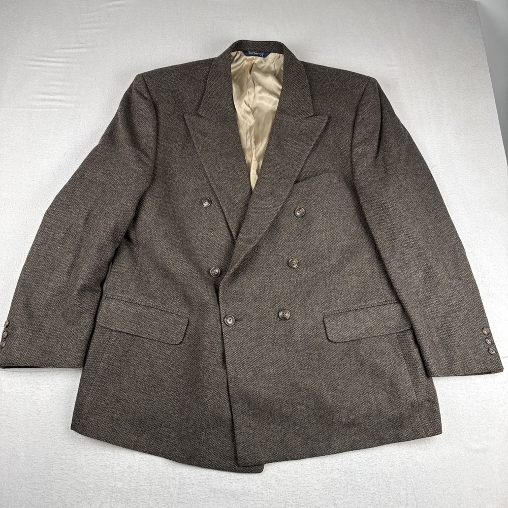 VTG Burberry Mens Double Breasted Peak Lapel Blazer 46R  Brown Tweed Office